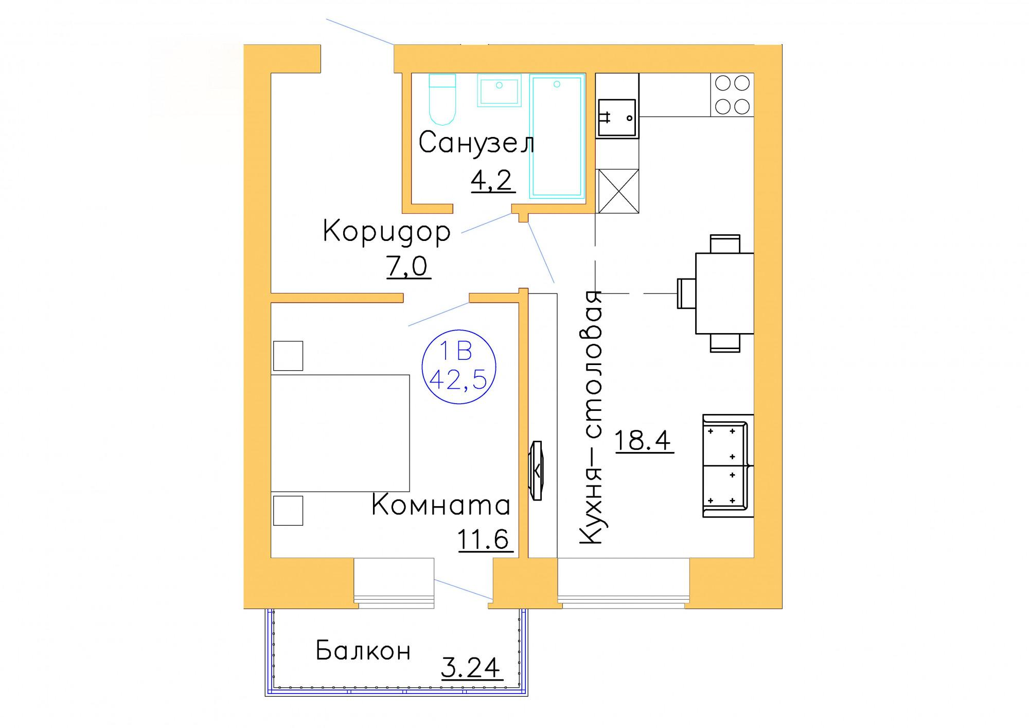 1-комнатная 42 м2 в ЖК Листопад корпус null этаж 6