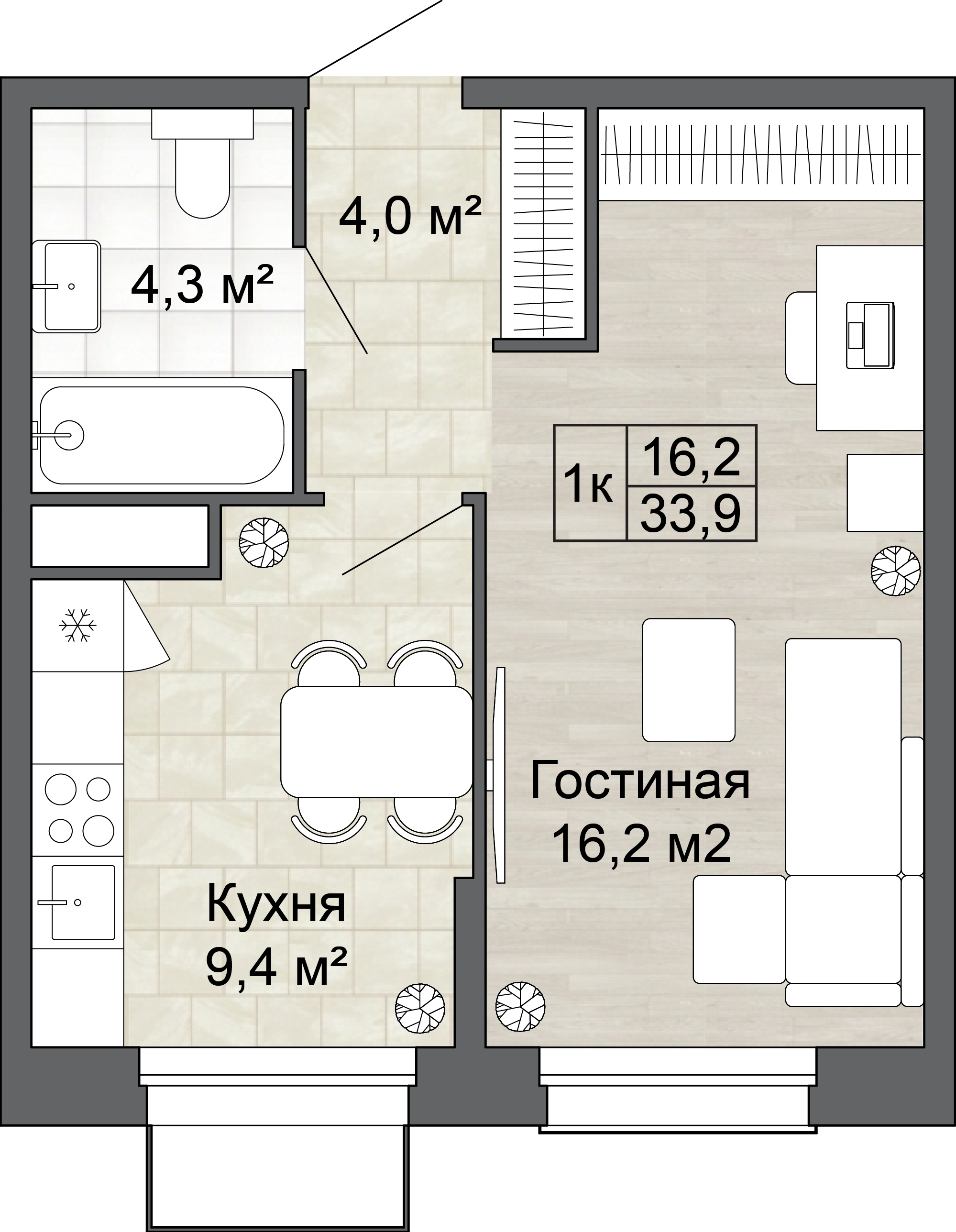 1-комнатная 33 м2 в ЖК Яблоневый Сад корпус null этаж 3