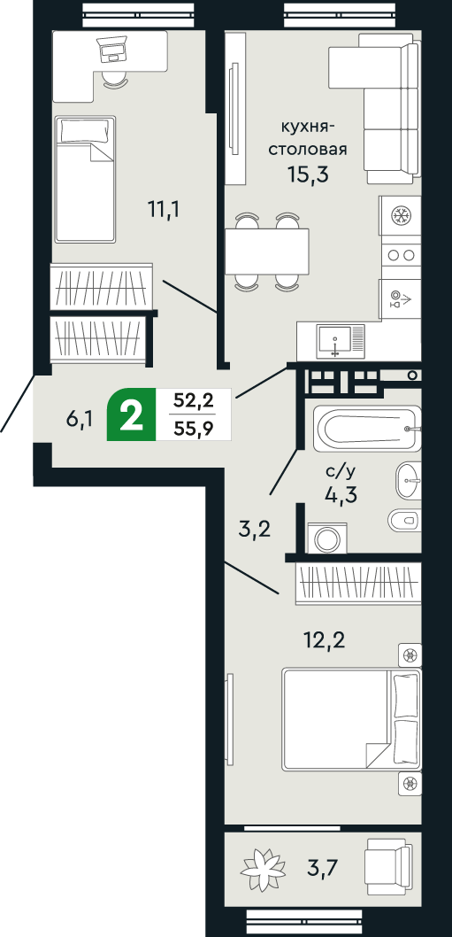 2-комнатная 55 м2 в ЖК Green Park корпус null этаж 16