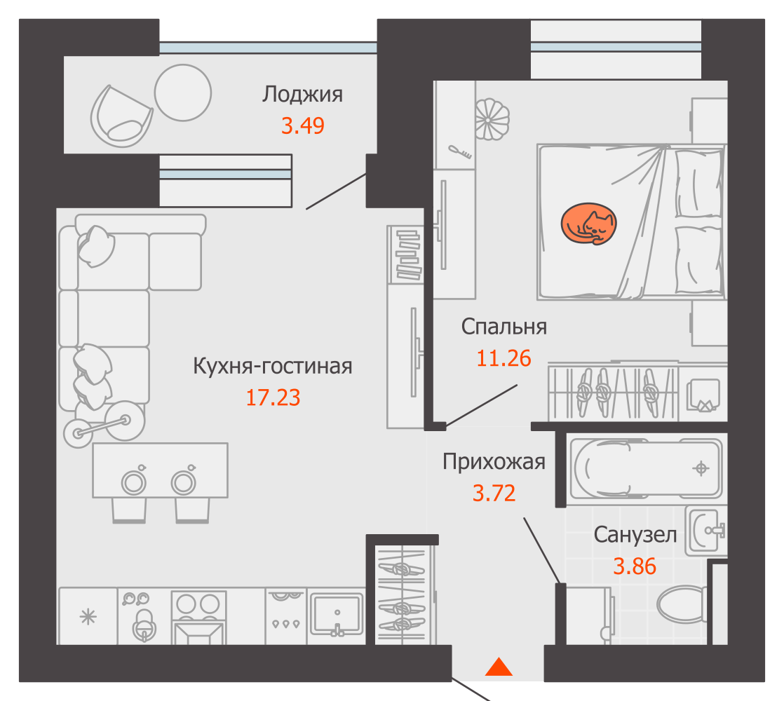 2-комнатная 38 м2 в ЖК ЖК Город Новаторов корпус null этаж 3