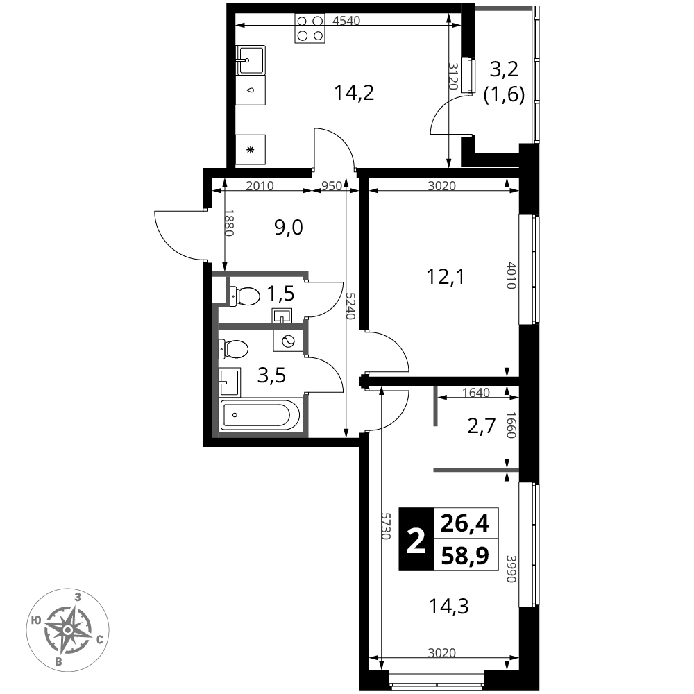 2-комнатная 58 м2 в ЖК 1-й Ясеневский корпус null этаж 2