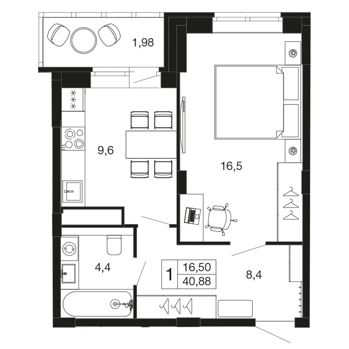 1-комнатная 40 м2 в ЖК Времена года корпус null этаж 2