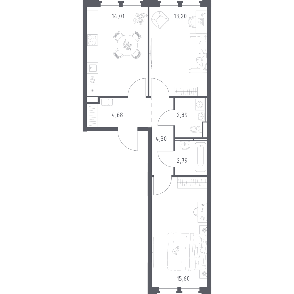 2-комнатная 57 м2 в ЖК Космический Квартал корпус null этаж 3