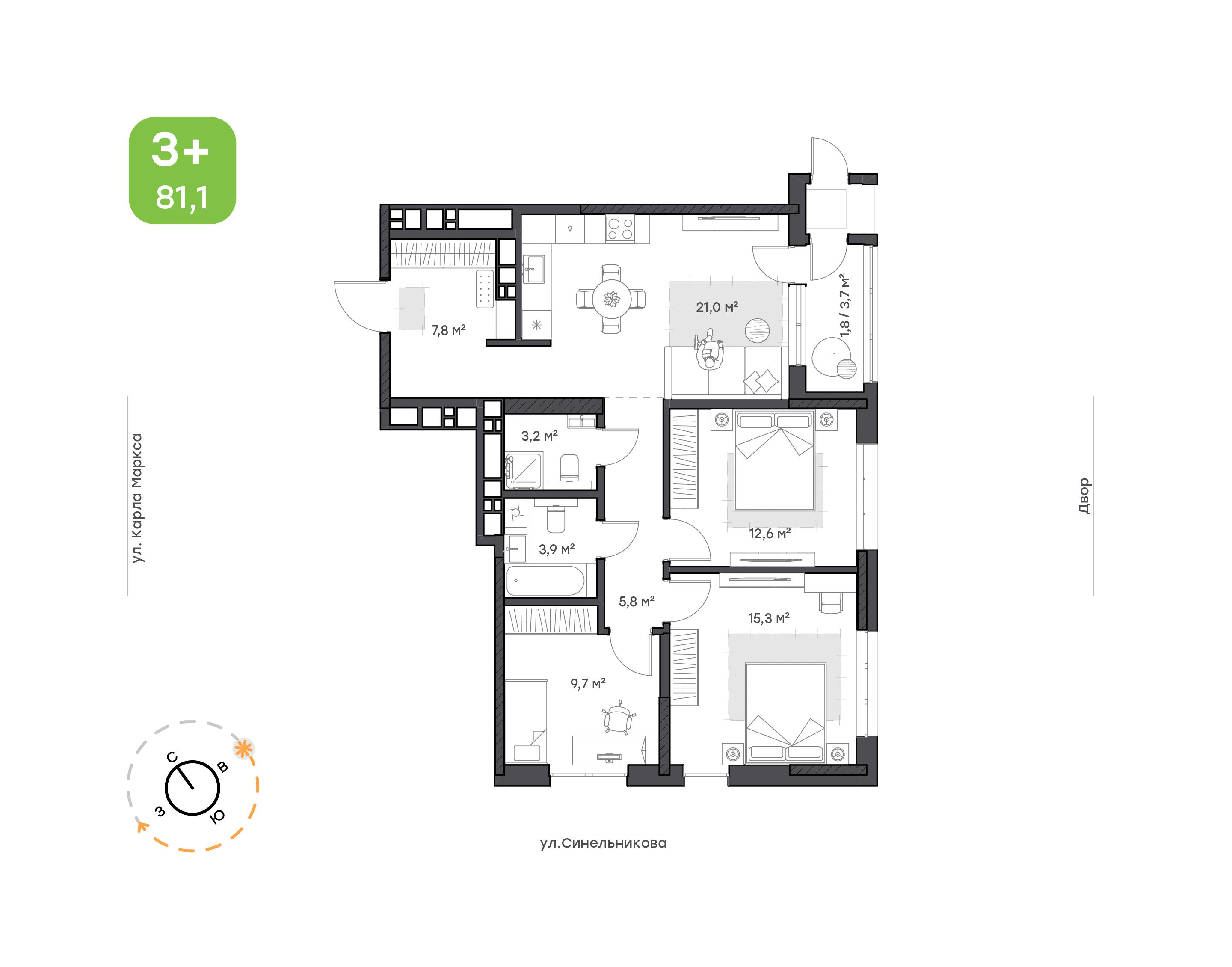 3-комнатная 81 м2 в ЖК Сердце Востока корпус null этаж 20