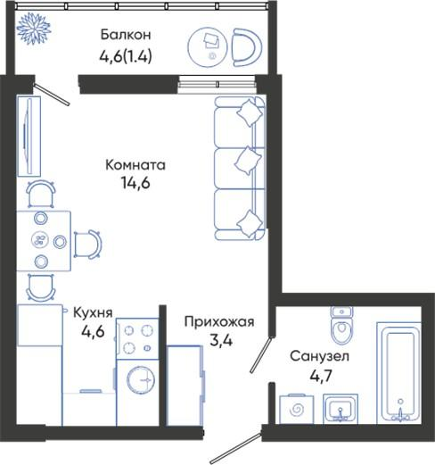Студия 28 м2 в ЖК Облака корпус null этаж 1