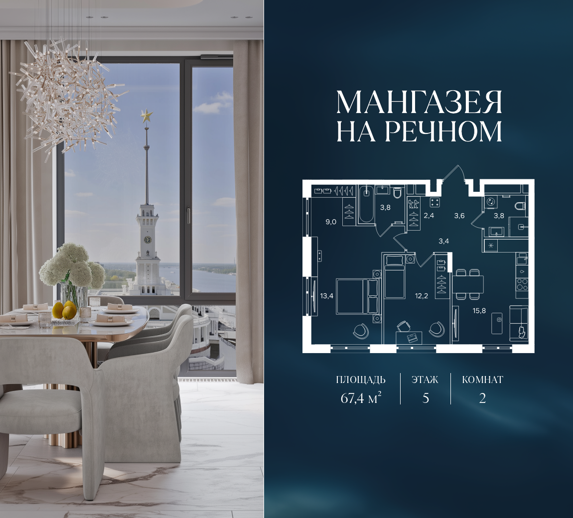 2-комнатная 67 м2 в ЖК Мангазея на Речном корпус null этаж 5