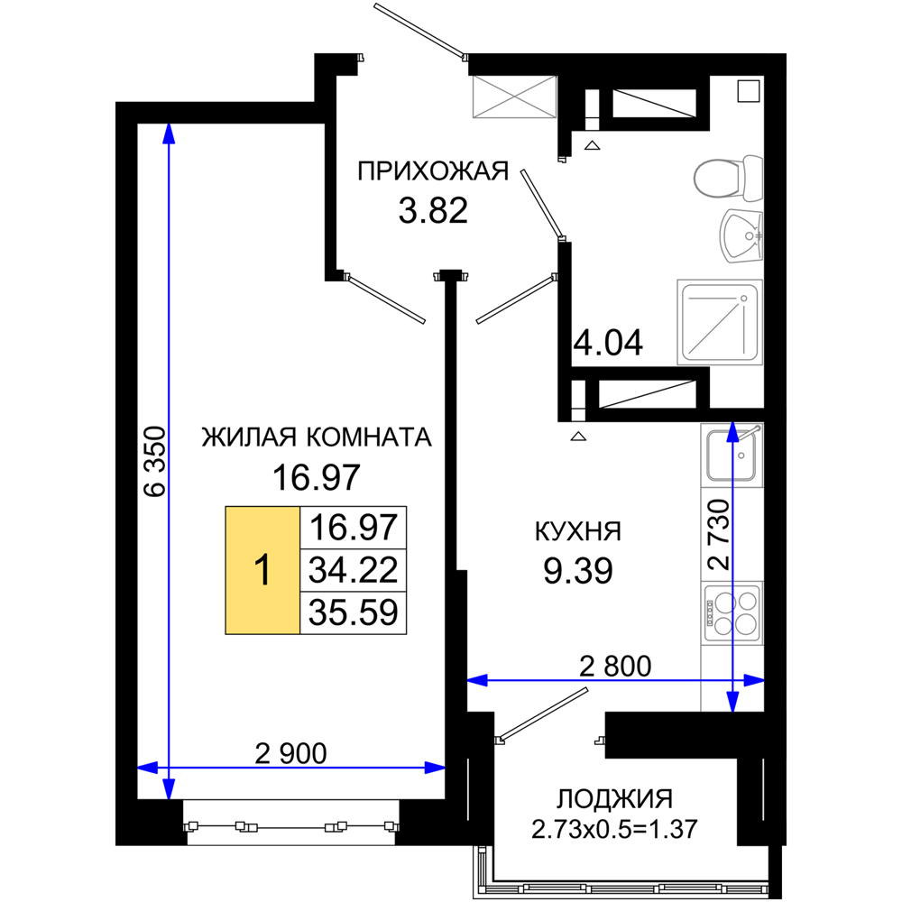 1-комнатная 35 м2 в ЖК Октябрь парк корпус null этаж 11