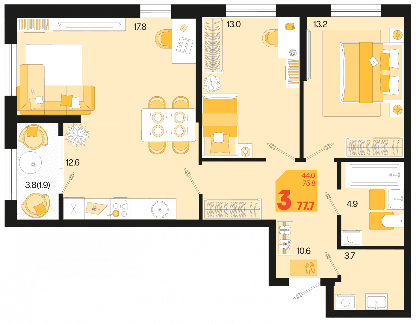 3-комнатная 72.6 м2 в ЖК undefined корпус null этаж 2