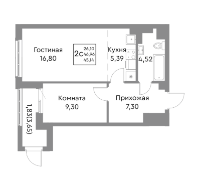 2-комнатная 45.9 м2 в ЖК undefined корпус null этаж 4