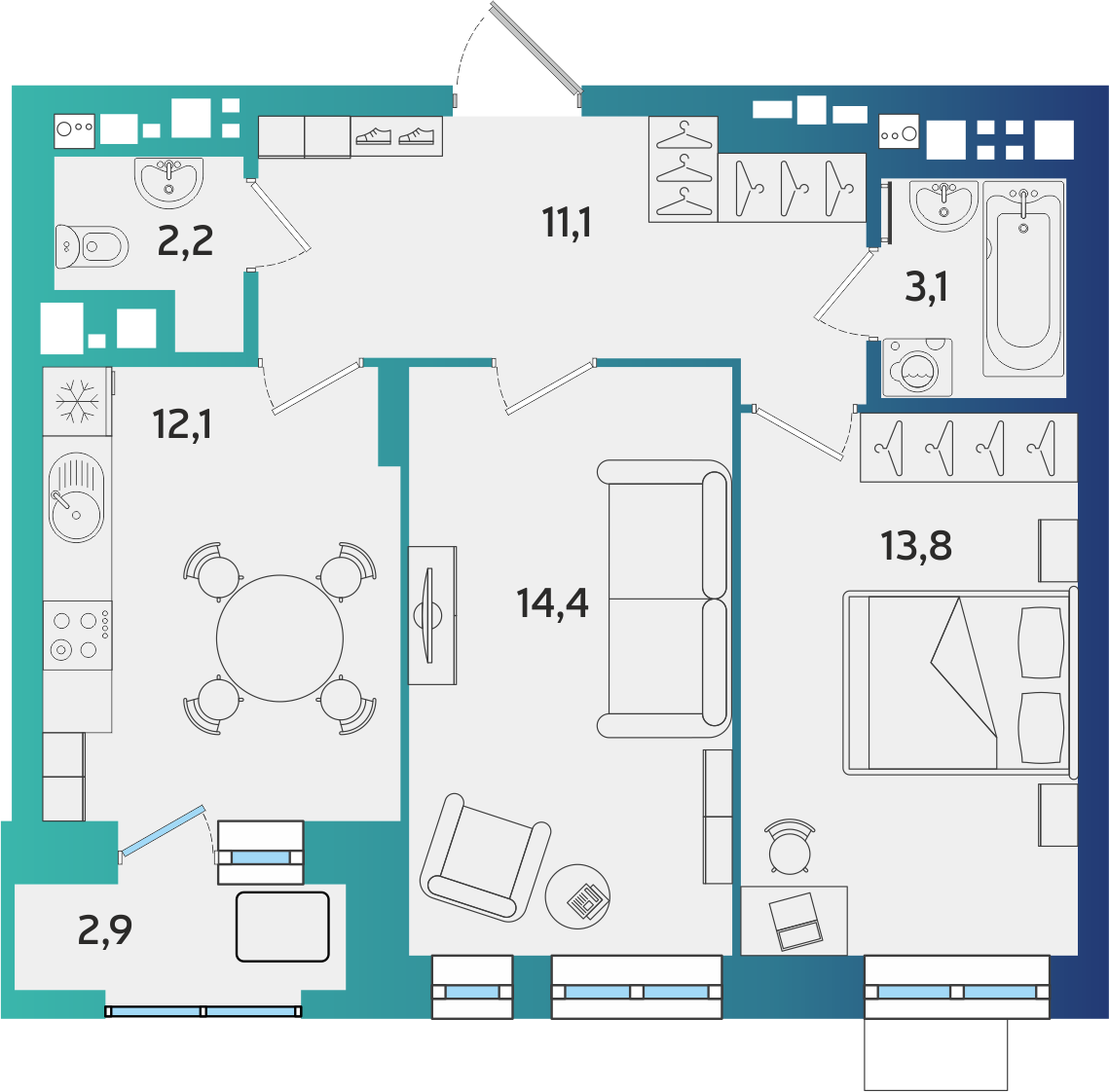 2-комнатная 57 м2 в ЖК BershaCity корпус null этаж 12