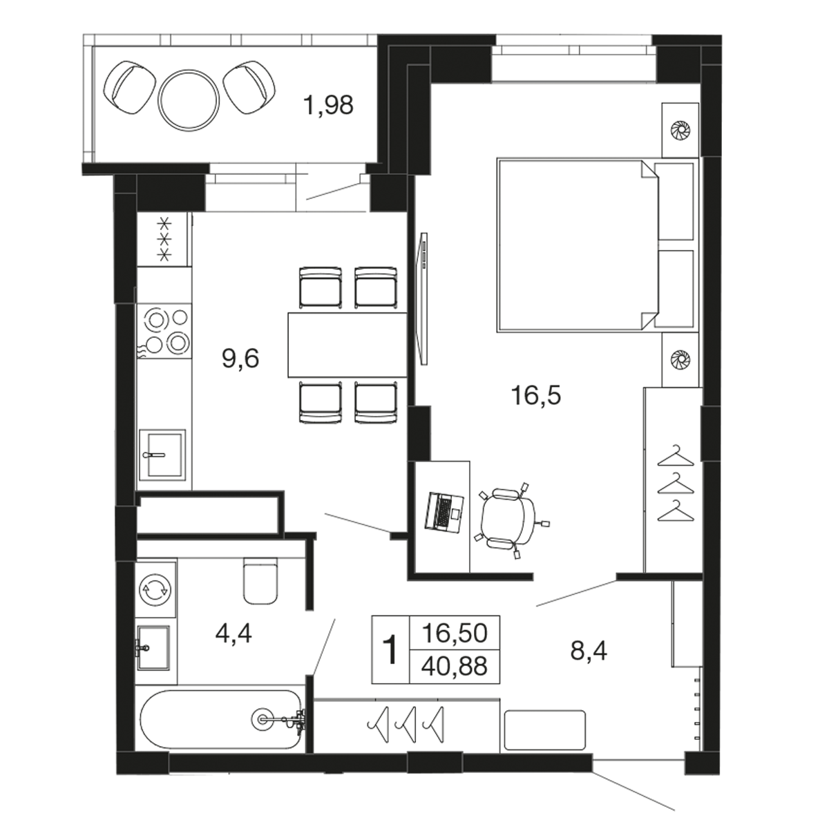 1-комнатная 40 м2 в ЖК Времена года корпус null этаж 7