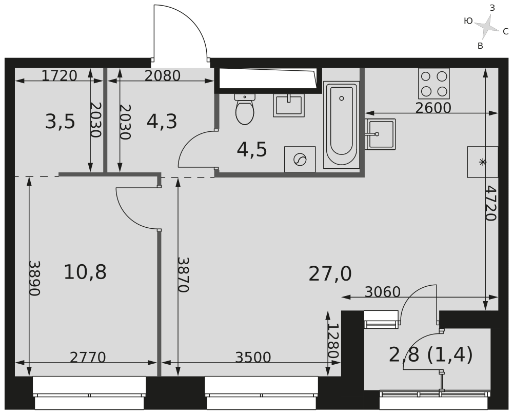 2-комнатная 51 м2 в ЖК Скай Гарден корпус null этаж 3