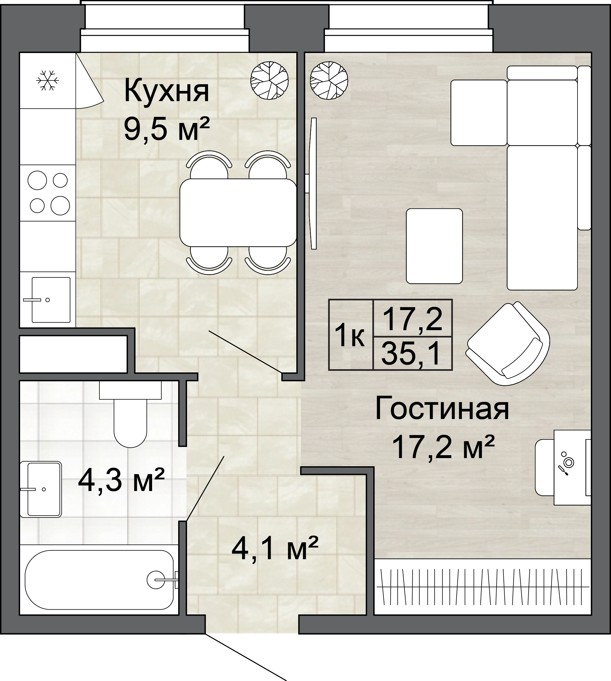 1-комнатная 35 м2 в ЖК Яблоневый Сад корпус null этаж 3