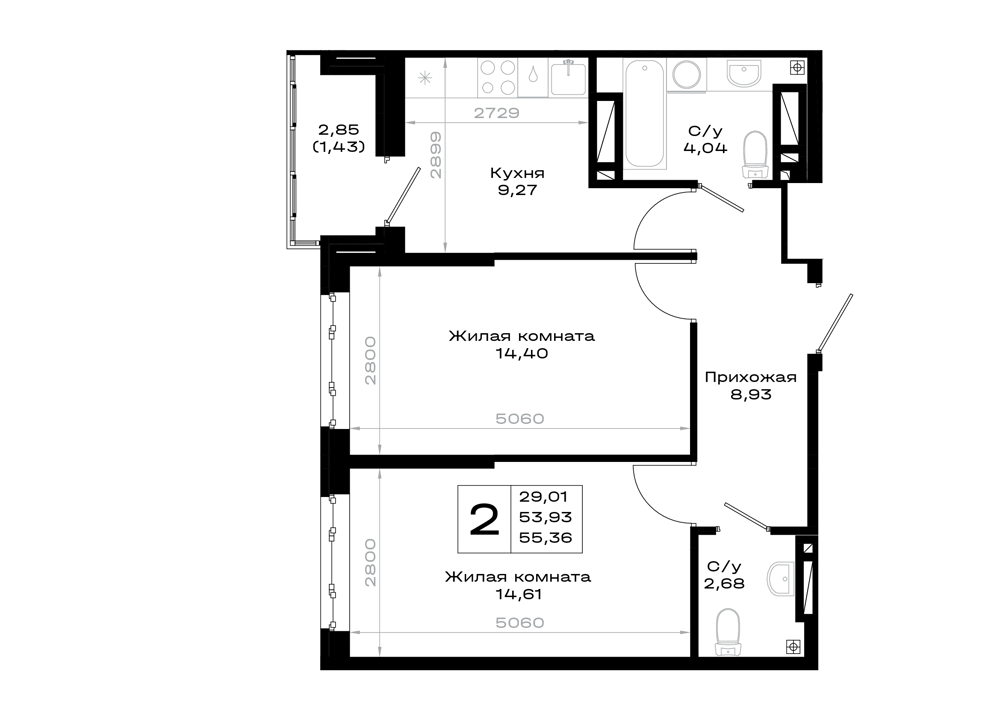 2-комнатная 55 м2 в ЖК Октябрь парк корпус null этаж 6