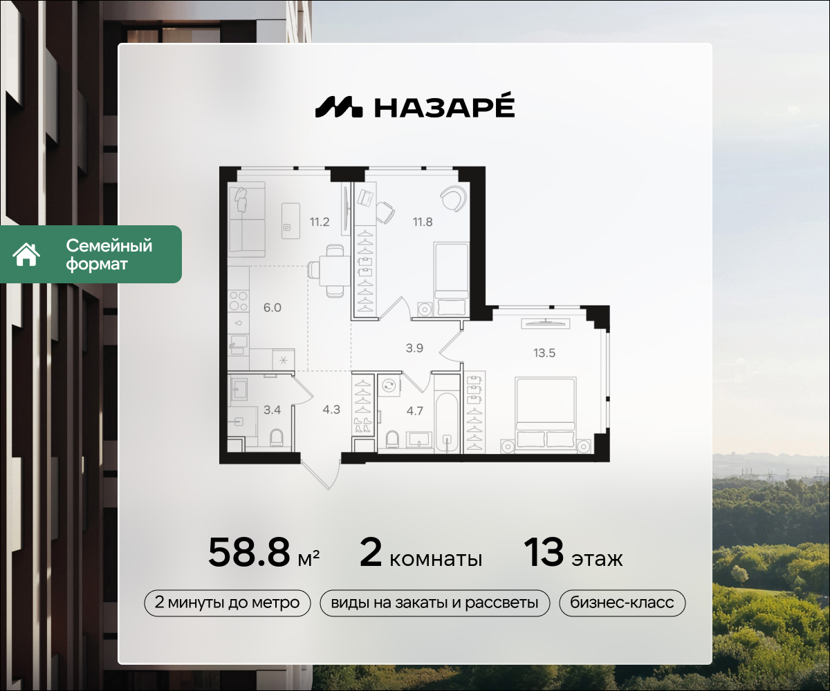 2-комнатная 58 м2 в ЖК НАЗАРÉ корпус null этаж 13