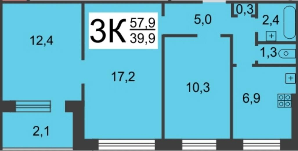 3-комнатная 58 м2 в ЖК undefined корпус null этаж 7