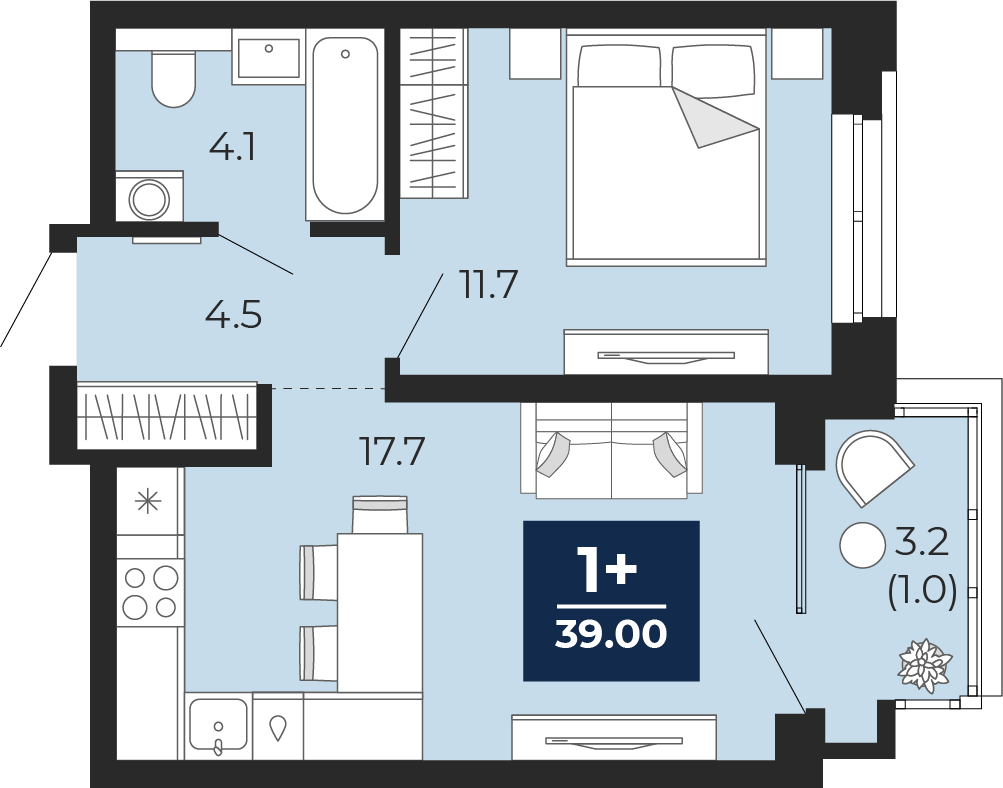 1-комнатная 38 м2 в ЖК Мириады корпус null этаж 10