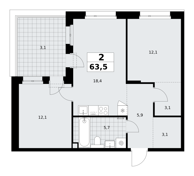 2-комнатная 63 м2 в ЖК Хольм корпус null этаж 6