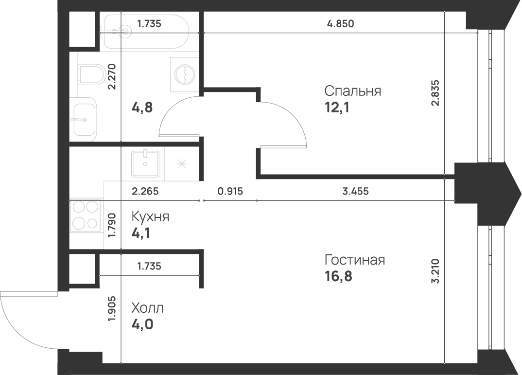 1-комнатная 41 м2 в ЖК Voice Towers корпус null этаж 24
