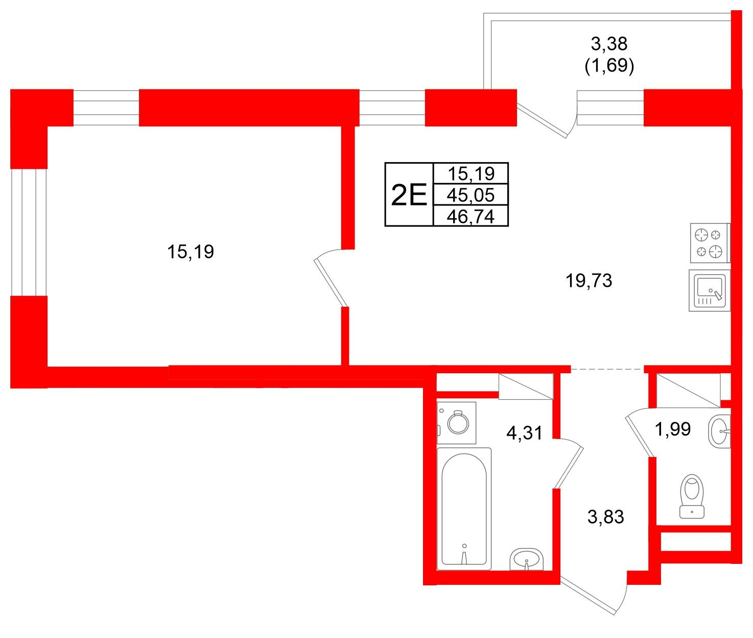 1-комнатная 46 м2 в ЖК Юнтолово корпус null этаж 3