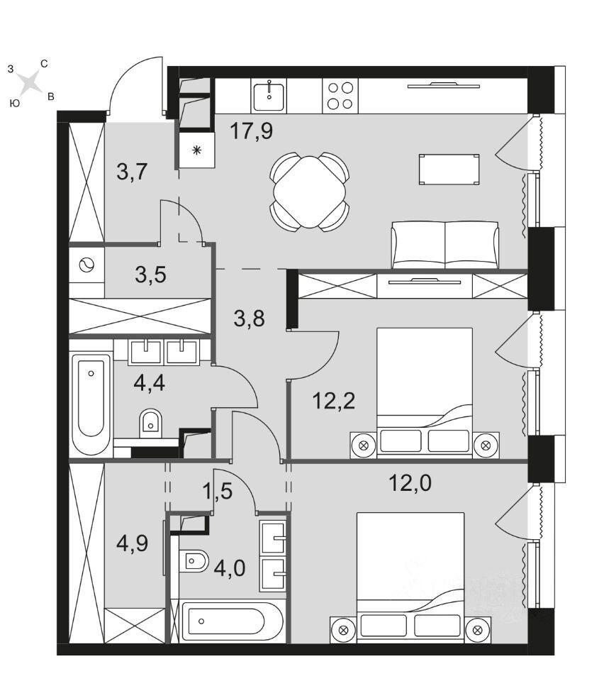 3-комнатная 68.4 м2 в ЖК undefined корпус null этаж 6