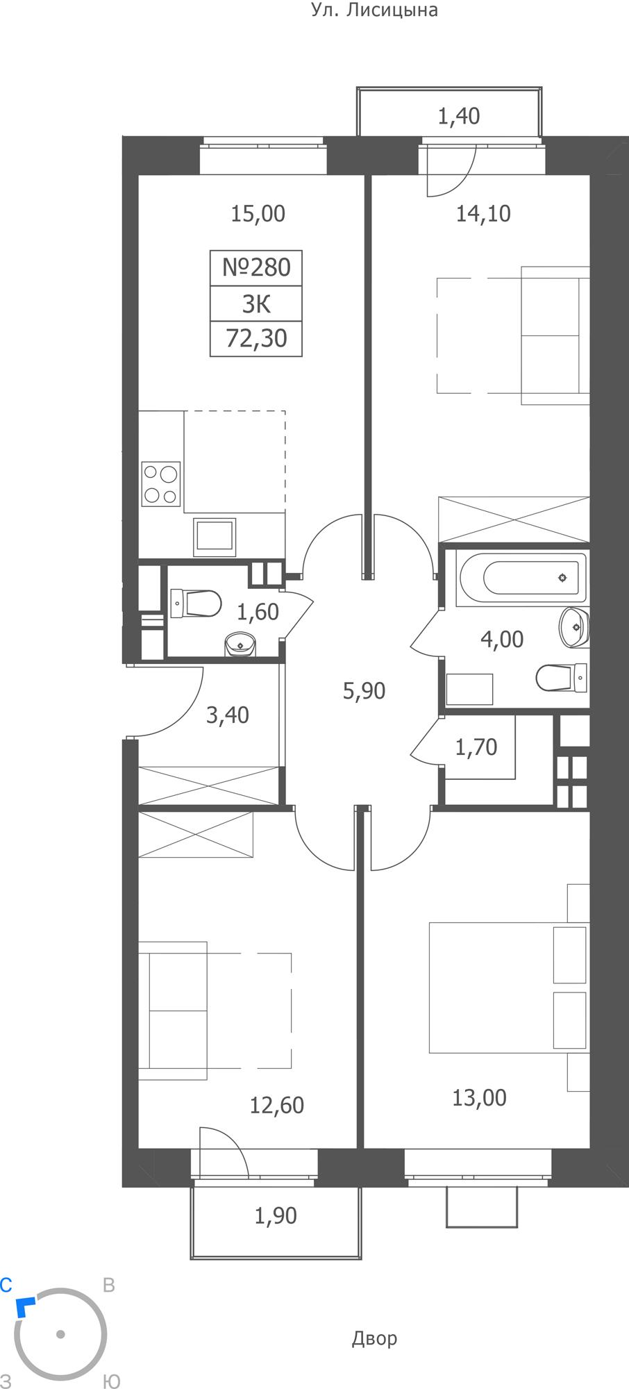 3-комнатная 72 м2 в ЖК ЭРА корпус null этаж 3