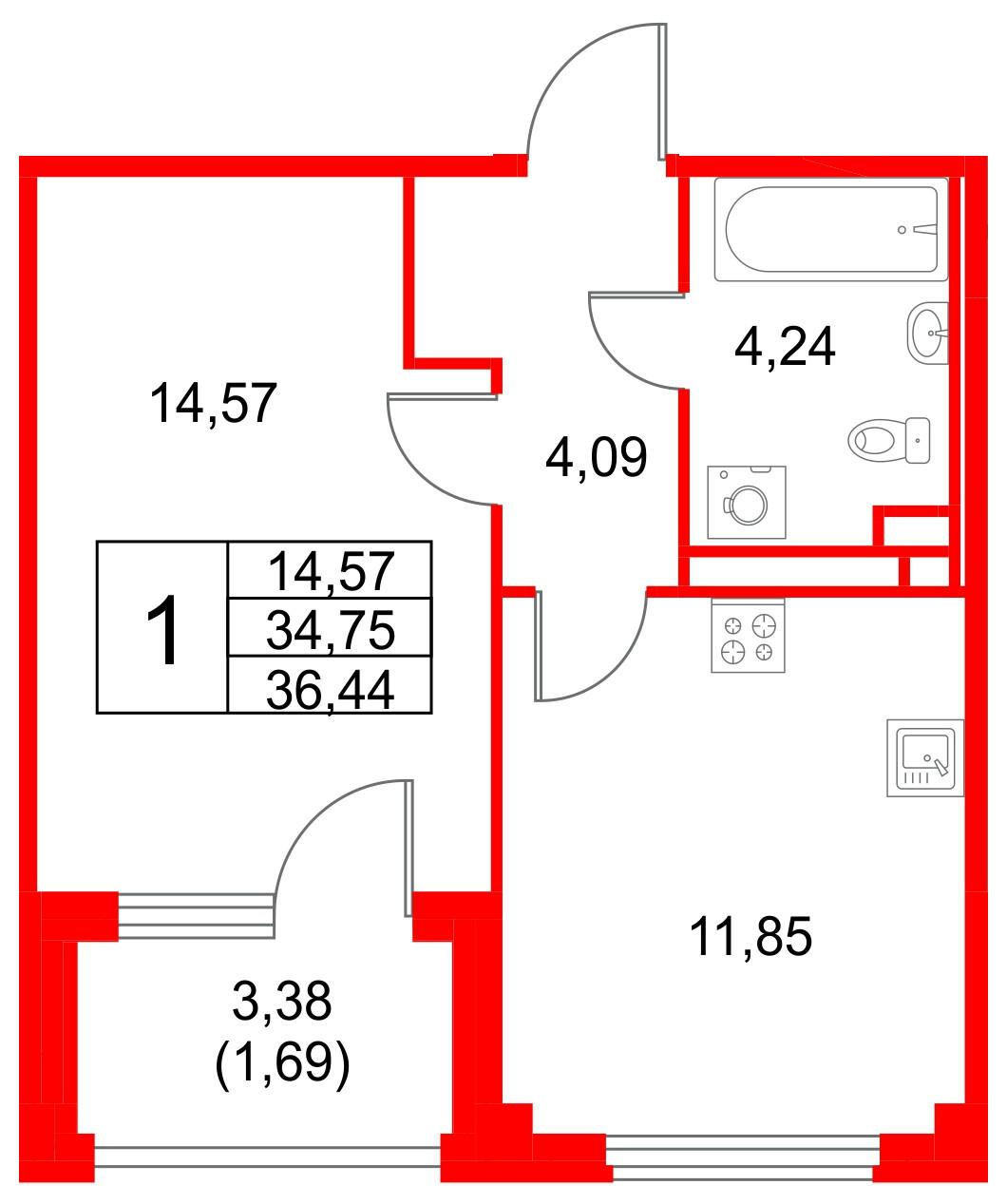 1-комнатная 36 м2 в ЖК Кронфорт. Центральный корпус null этаж 1