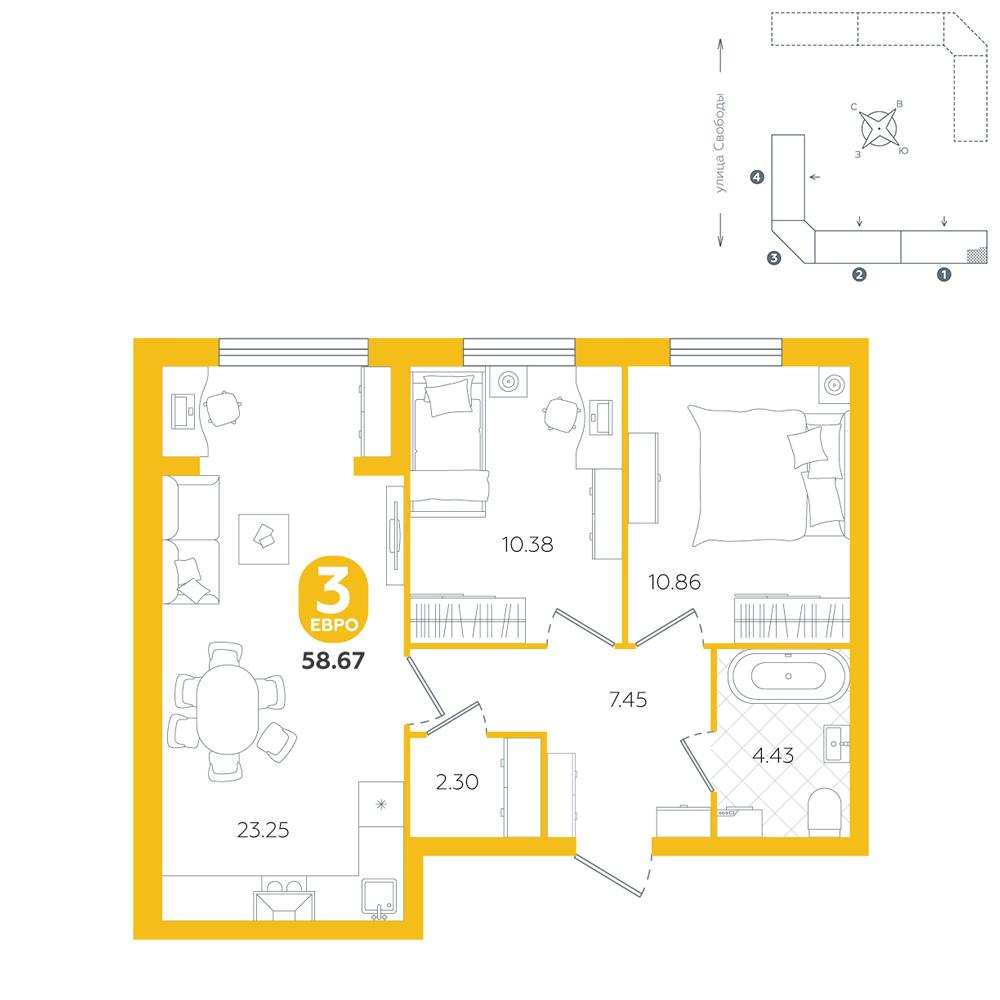 2-комнатная 58 м2 в ЖК Счастье (Ялуторовск) корпус null этаж 5