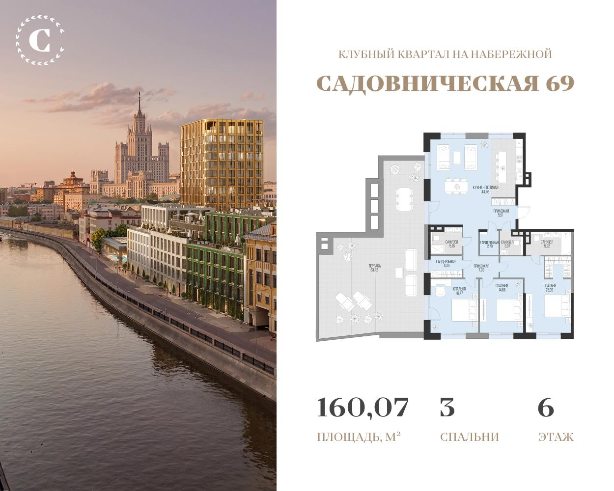 3-комнатная 160 м2 в ЖК Садовническая 69 корпус null этаж 6