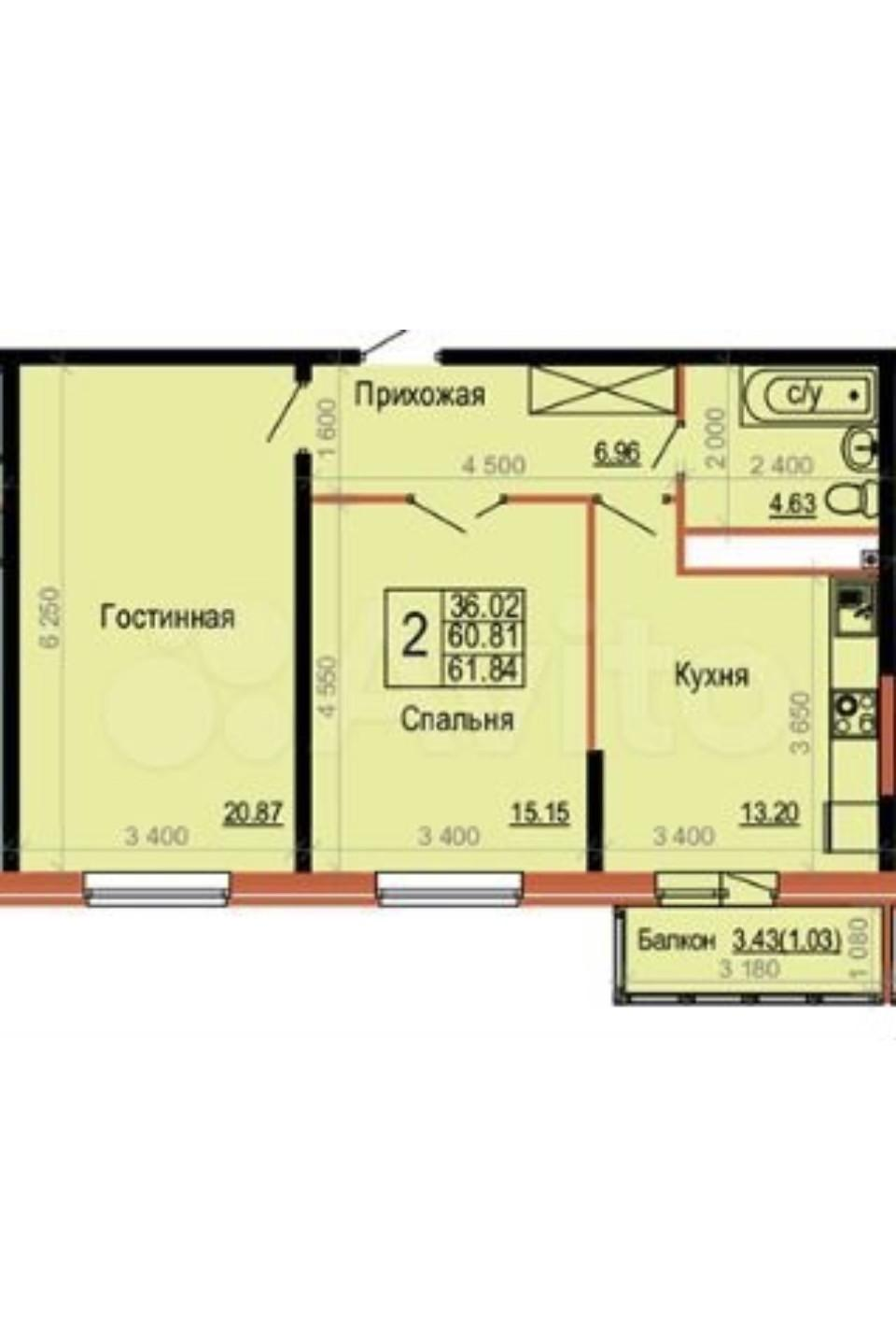 2-комнатная 61 м2 в ЖК undefined корпус null этаж 12