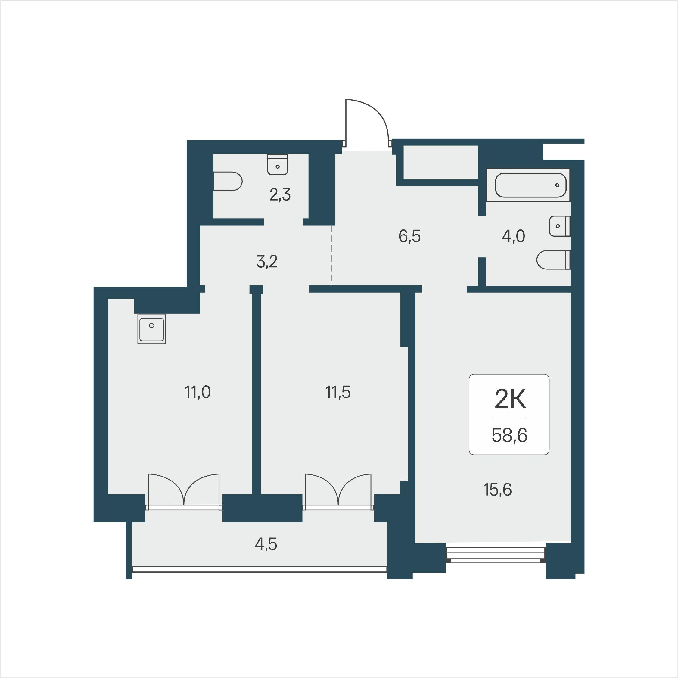 2-комнатная 58 м2 в ЖК Расцветай на Кропоткина корпус null этаж 11