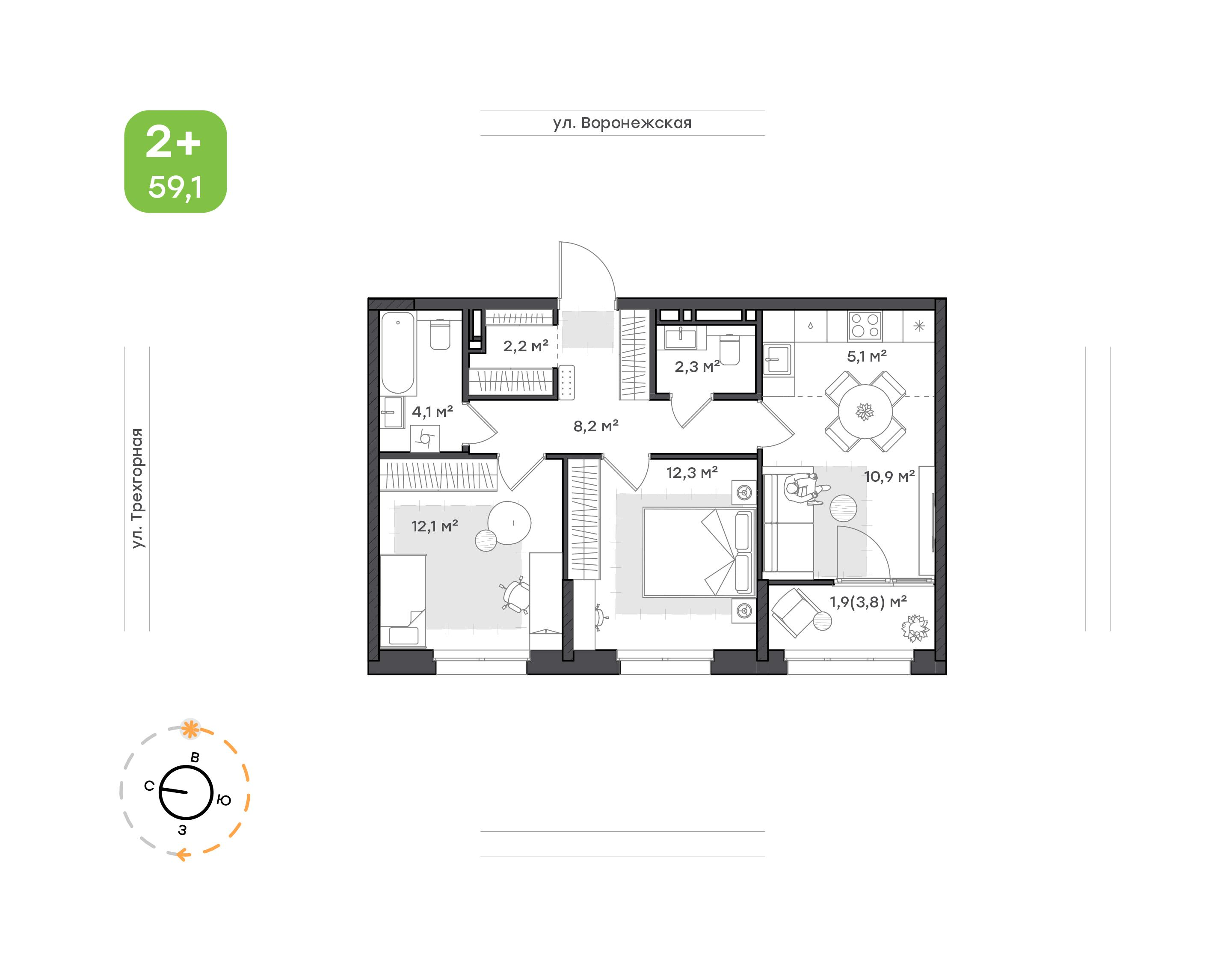 2-комнатная 59 м2 в ЖК Воронежский бульвар корпус null этаж 14