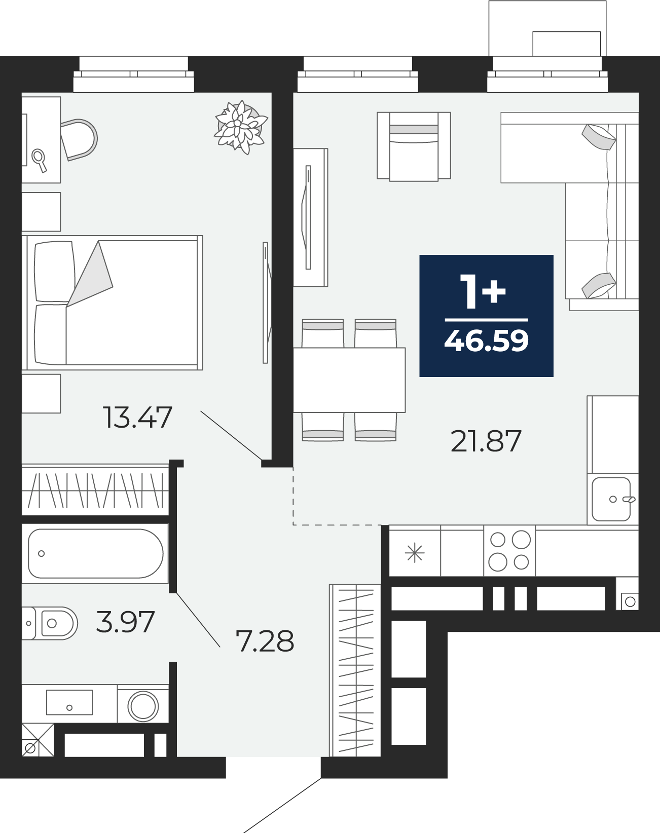 1-комнатная 46 м2 в ЖК Айвазовский корпус null этаж 7