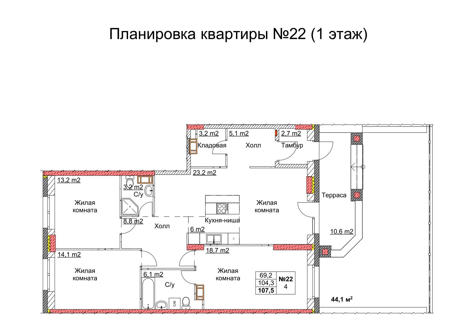 4-комнатная 108 м2 в ЖК Клюквенный корпус null этаж 1