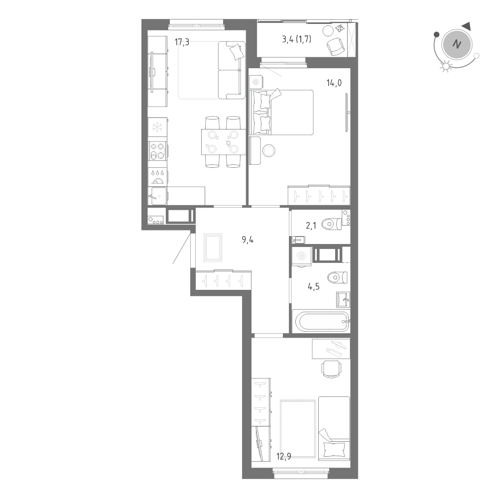 2-комнатная 62 м2 в ЖК Клюква.Парк корпус null этаж 9