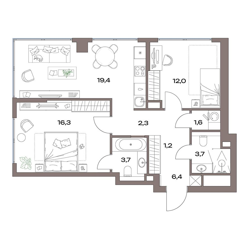 3-комнатная 66 м2 в ЖК Акценты корпус null этаж 8