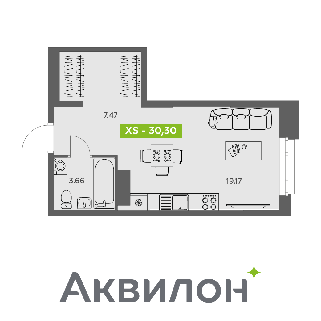 Студия 30 м2 в ЖК Аквилон АКВАРТАЛ корпус null этаж 11