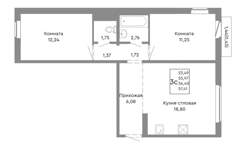 2-комнатная 56 м2 в ЖК undefined корпус null этаж 4