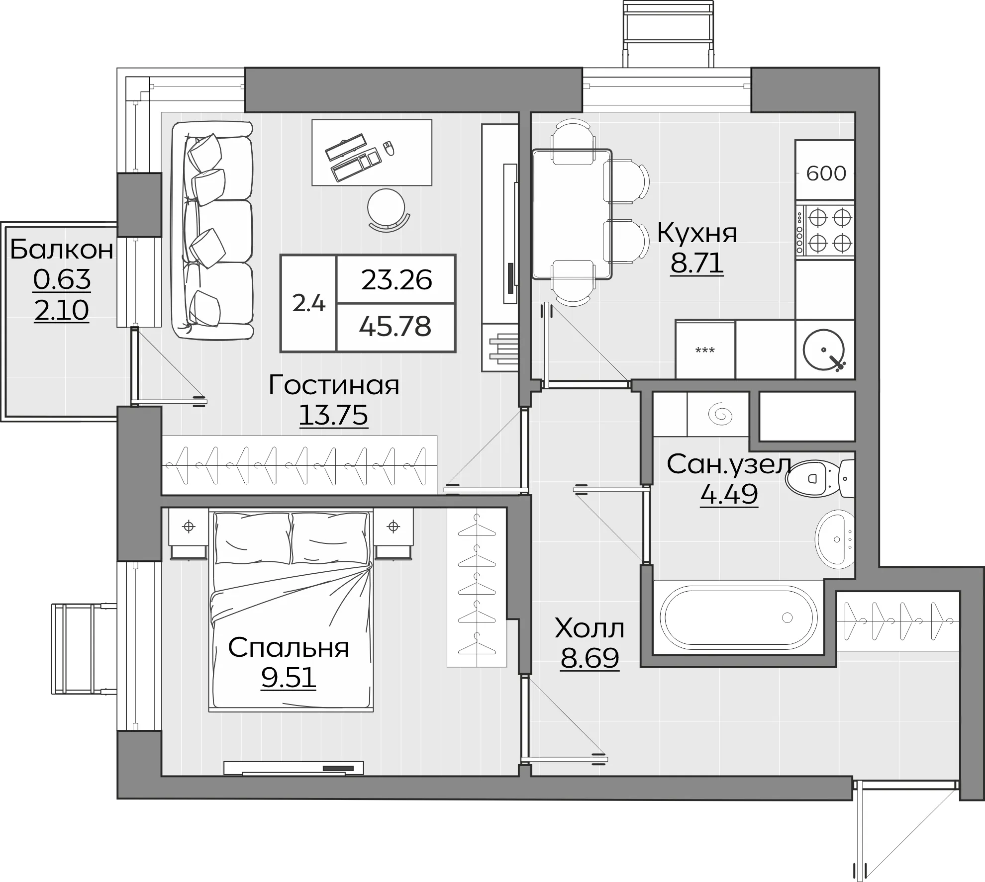 2-комнатная 45 м2 в ЖК Батталовский корпус null этаж 11