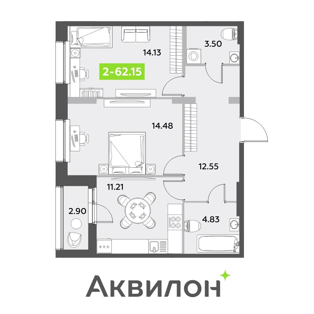 2-комнатная 62 м2 в ЖК Аквилон Ливз корпус null этаж 1