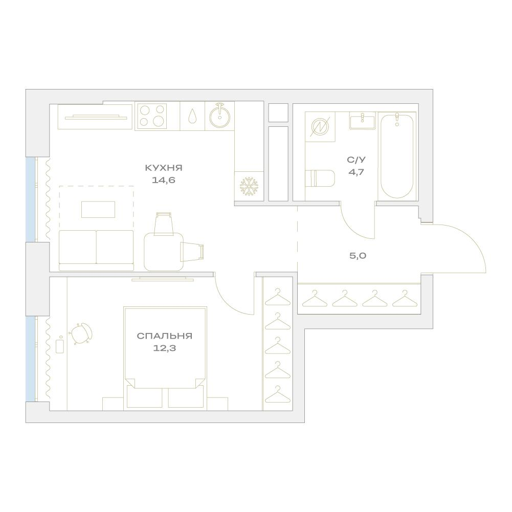 1-комнатная 36 м2 в ЖК Детали корпус null этаж 9