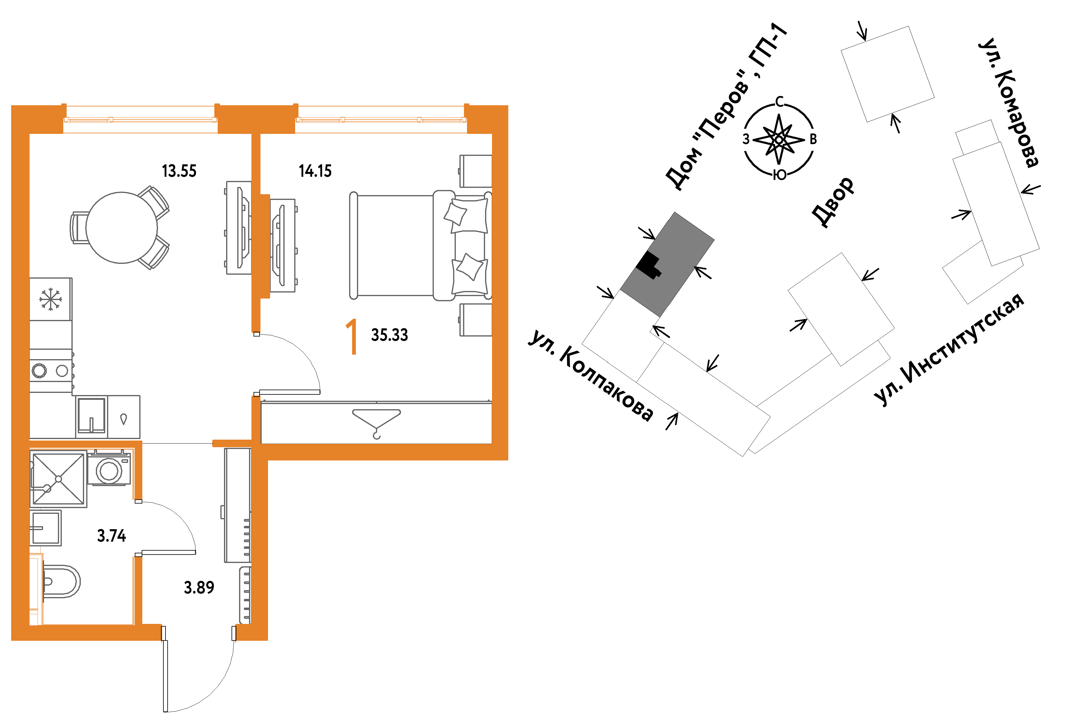 1-комнатная 35 м2 в ЖК Страна.Парковая корпус null этаж 12