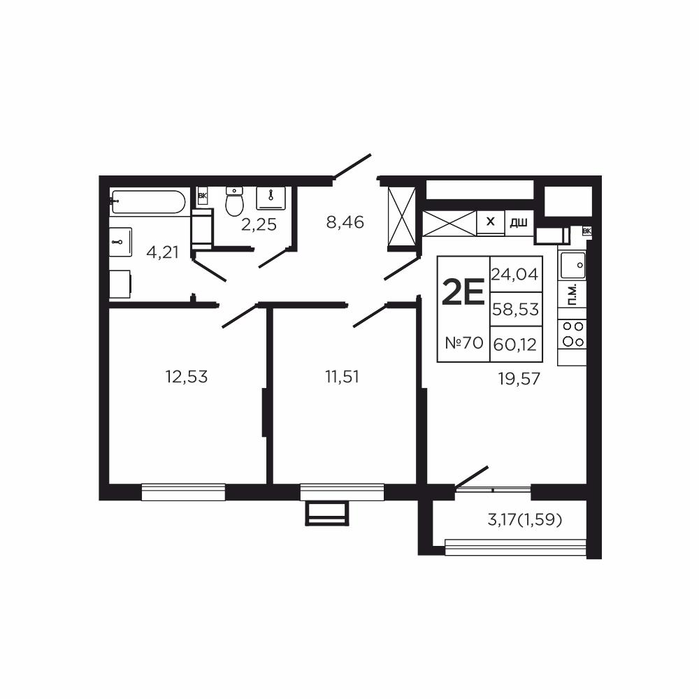 2-комнатная 62 м2 в ЖК Соседи корпус null этаж 8