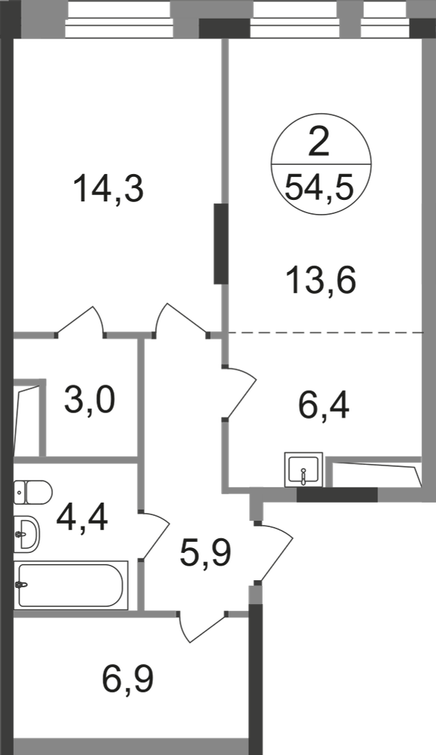 2-комнатная 54 м2 в ЖК Первый Московский корпус null этаж 14