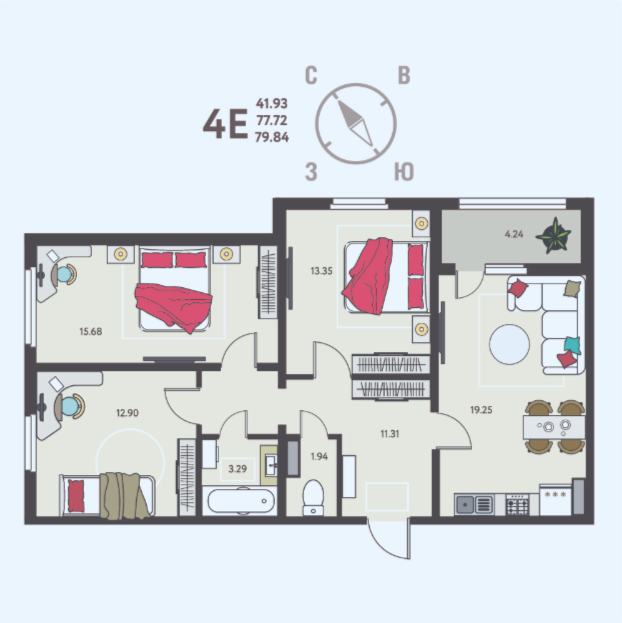 4-комнатная 79.8 м2 в ЖК undefined корпус null этаж 9