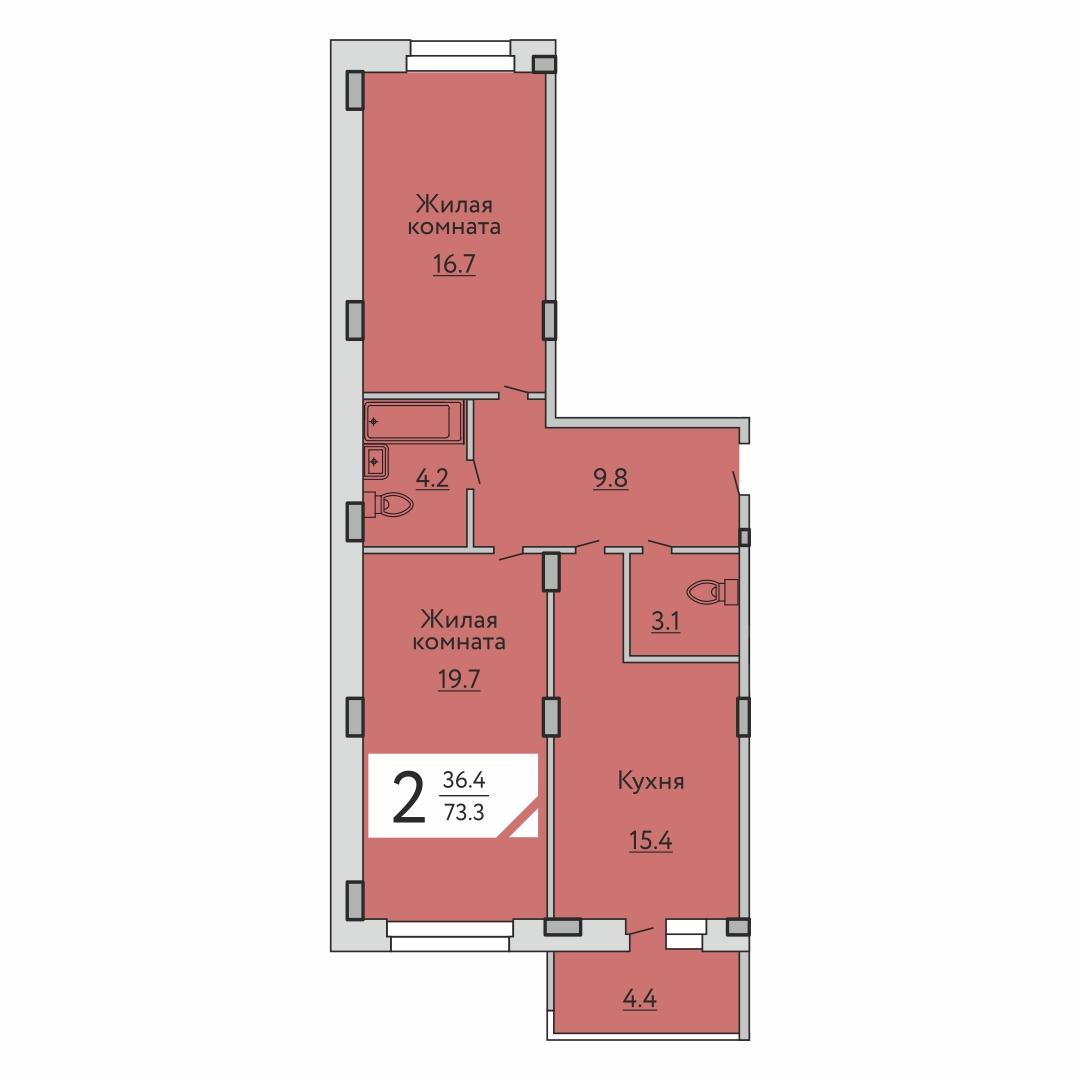 3-комнатная 73 м2 в ЖК Агат корпус null этаж 2