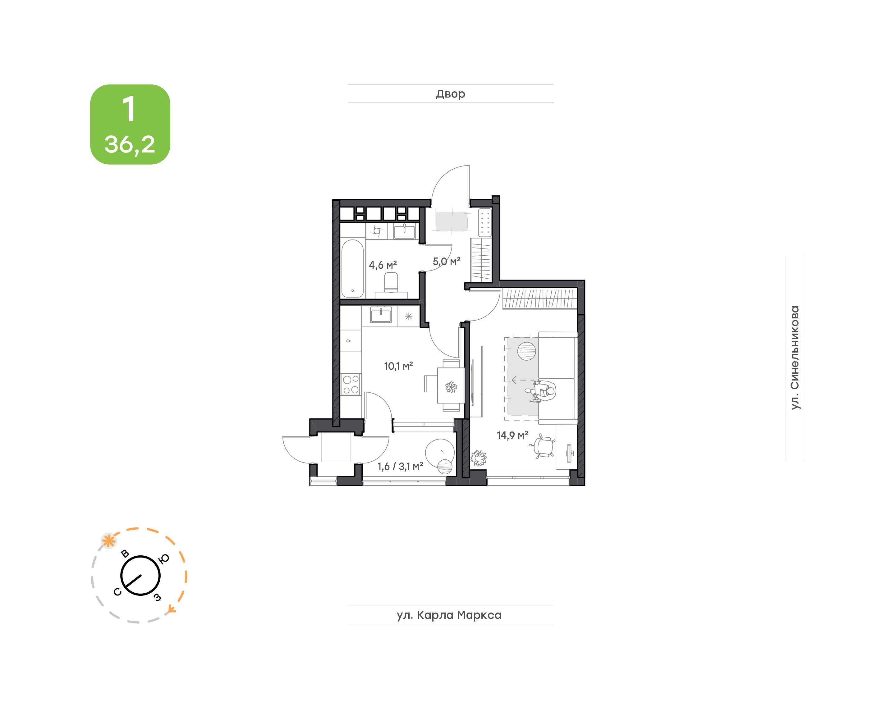 1-комнатная 36 м2 в ЖК Сердце Востока корпус null этаж 9
