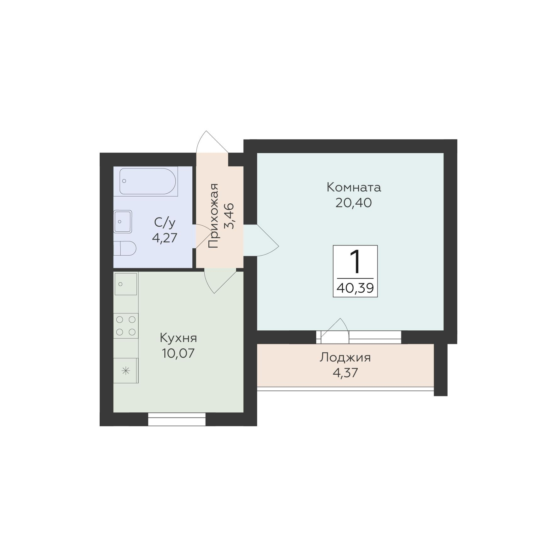 1-комнатная 40 м2 в ЖК Юность корпус null этаж 6