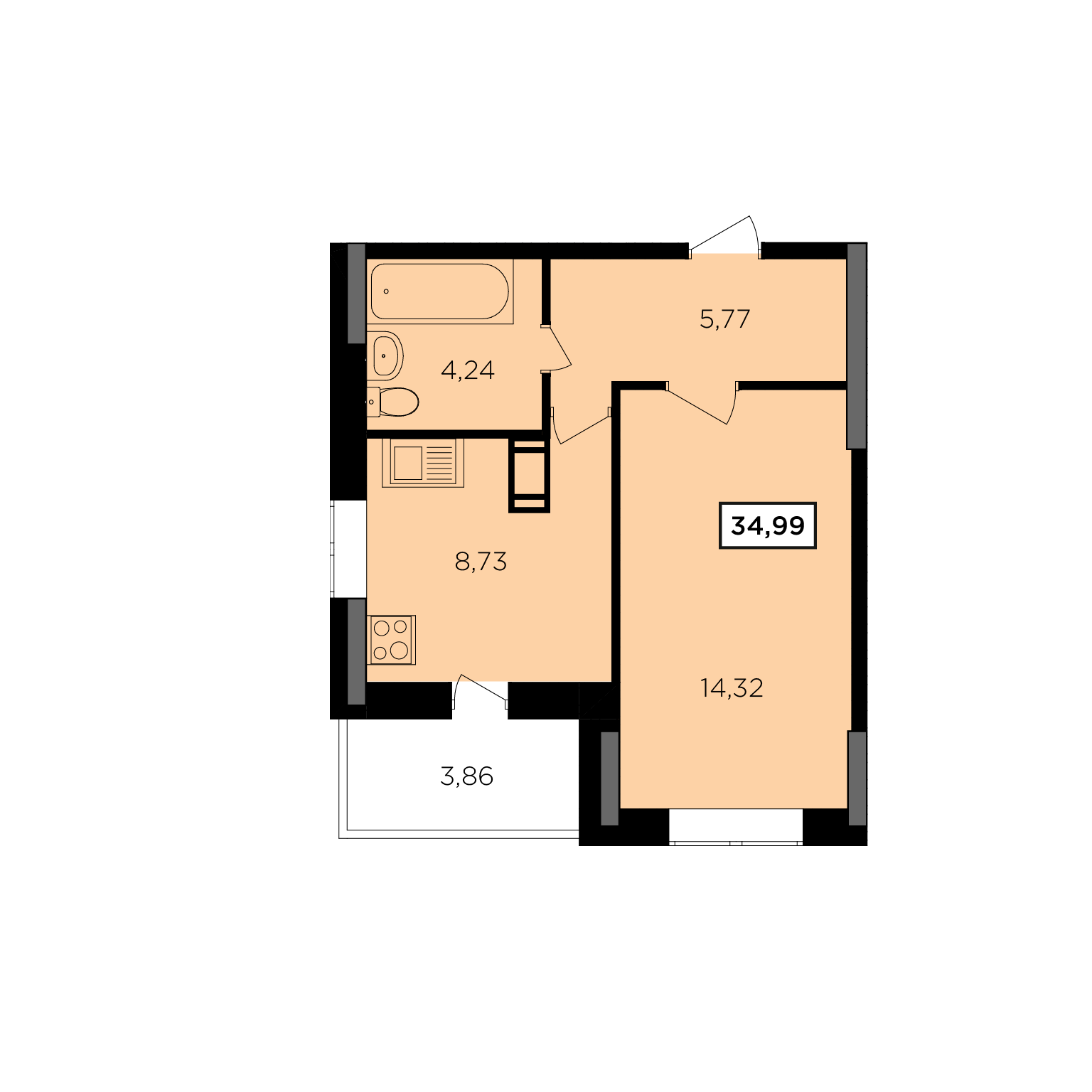 1-комнатная 34 м2 в ЖК Старый город корпус null этаж 16