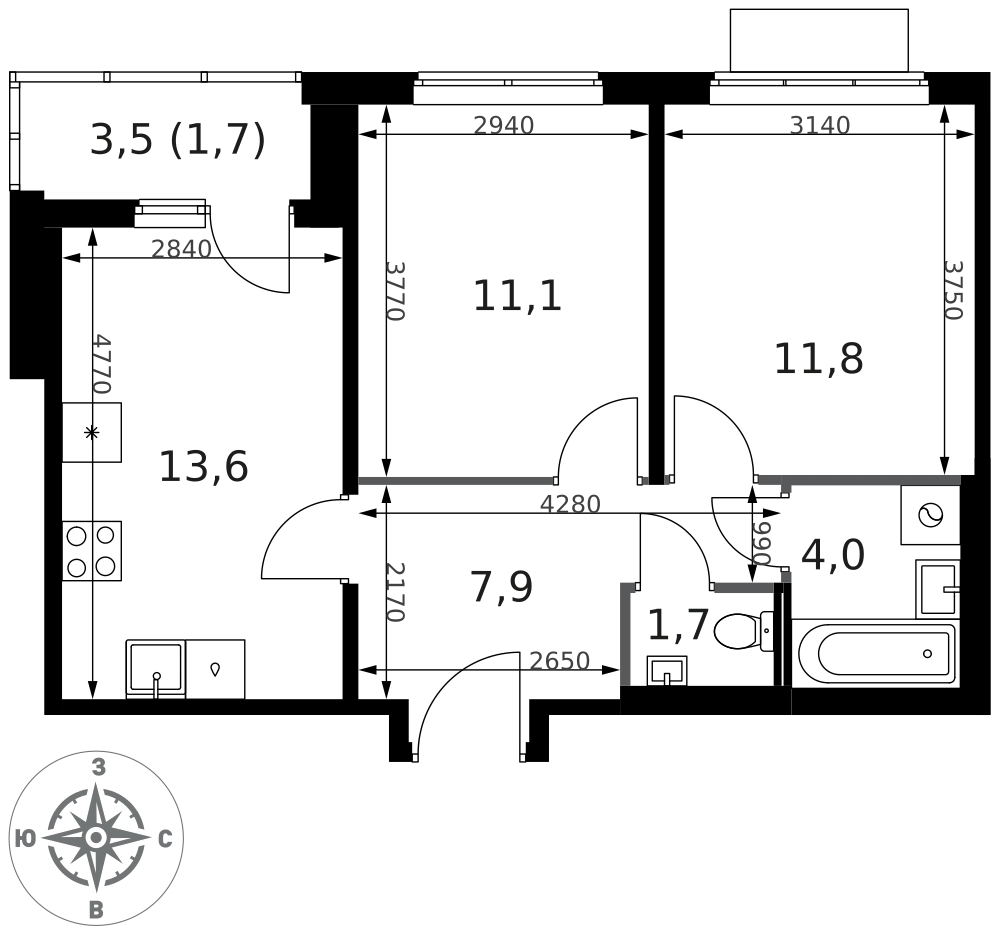 2-комнатная 51 м2 в ЖК 1-й Ясеневский корпус null этаж 6